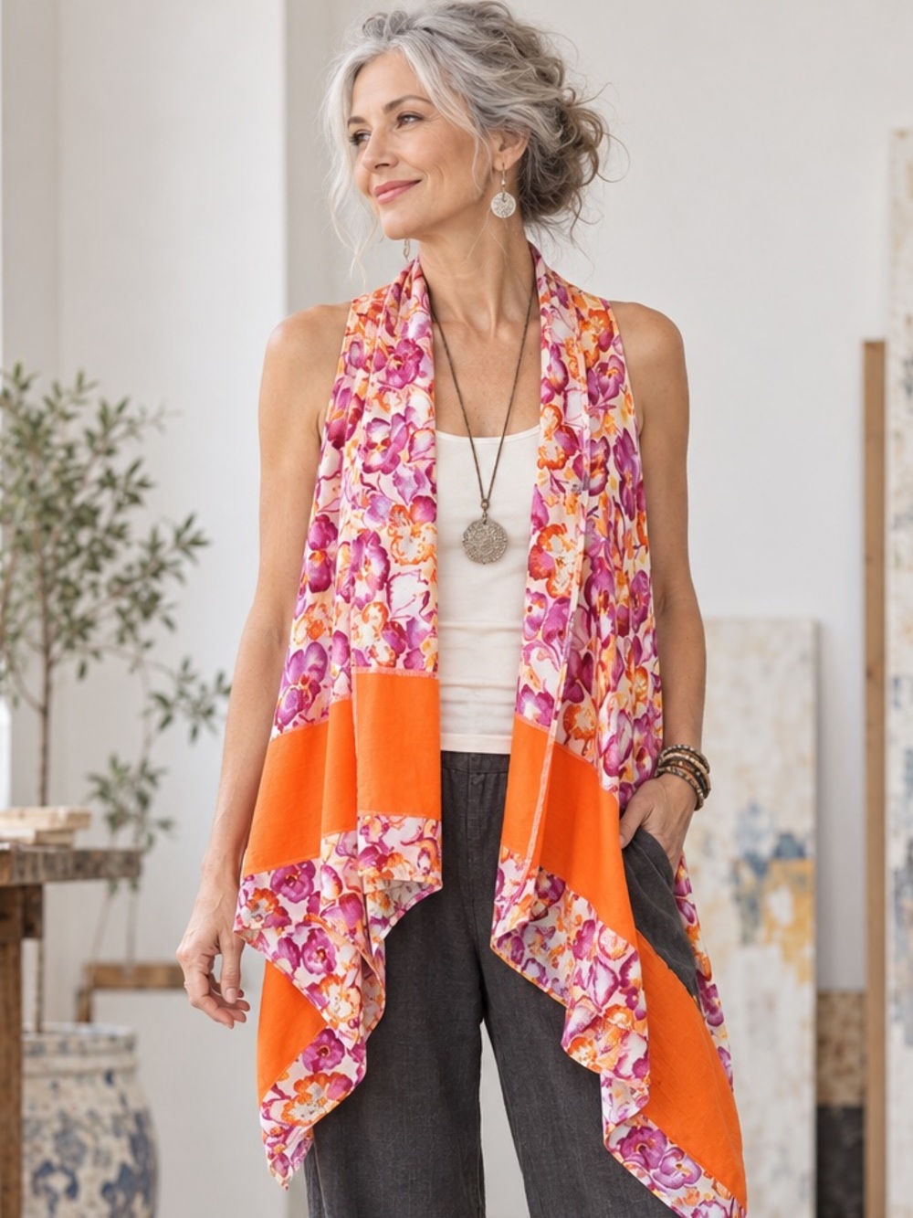 Designs by Rocio Cotton Floral Waterfall Layering Vest Boho Artsy NWT